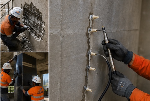 IICORR concrete remediation field works — repair, strengthening and CP on reinforced concrete